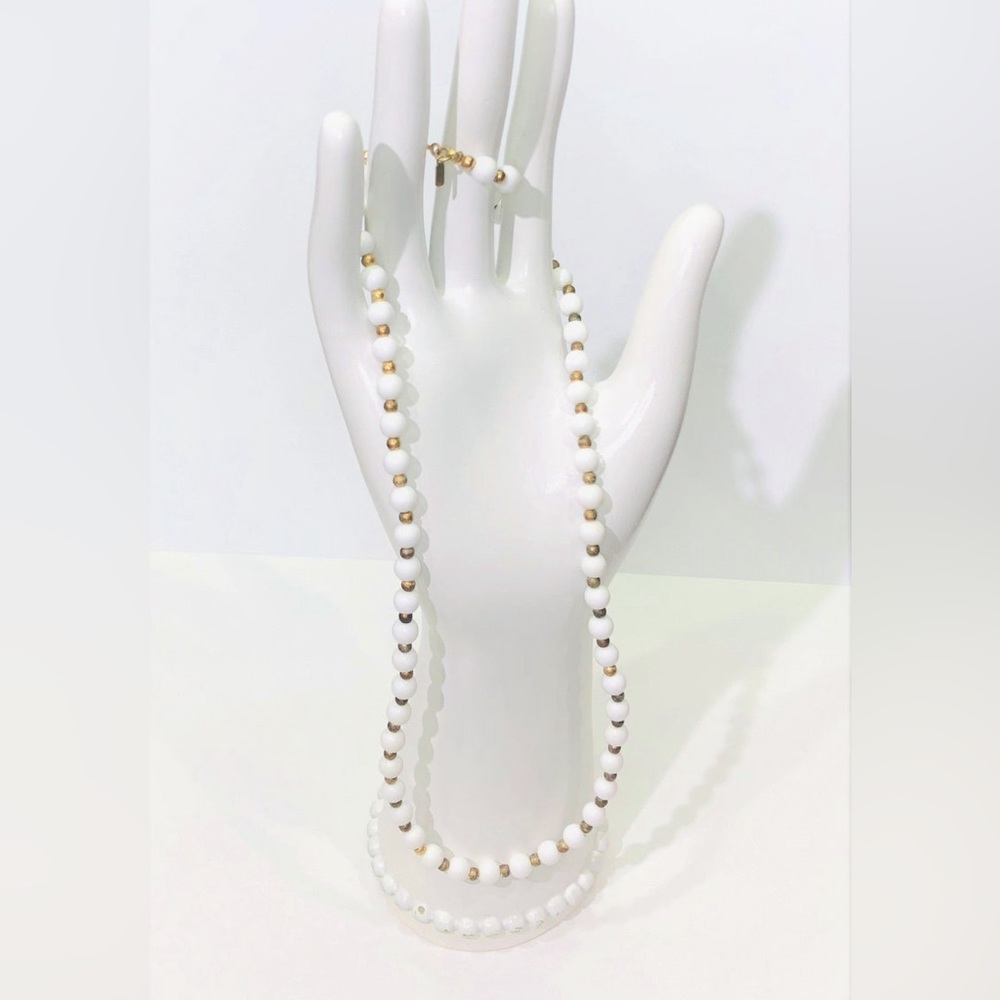 Vintage 18" MONET White & Gold Glass Beaded Petite Necklace, White Shiny Beads
